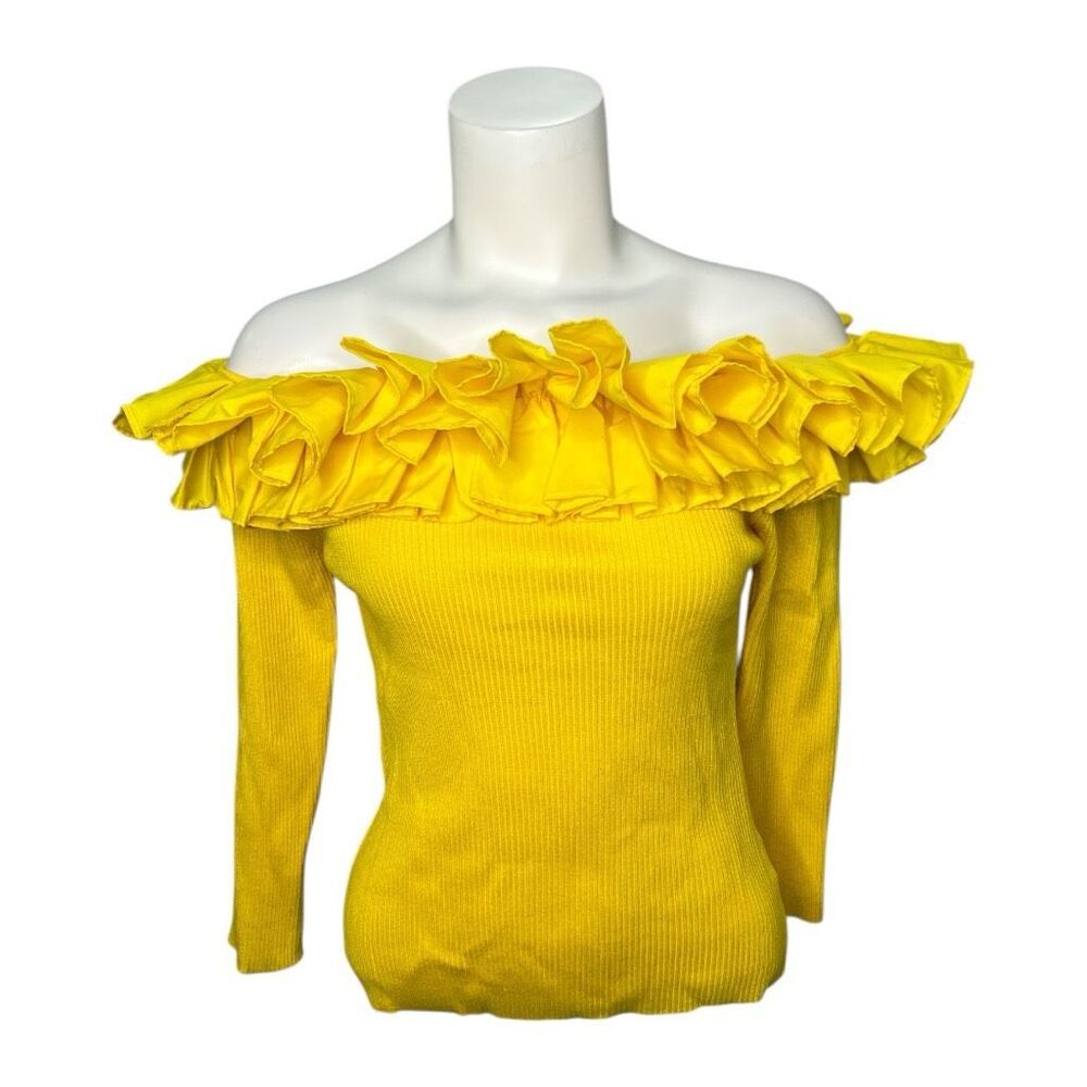 NY&Co Yellow Off the Shoulder Ruffle Ribbed‎ Top sz Medium